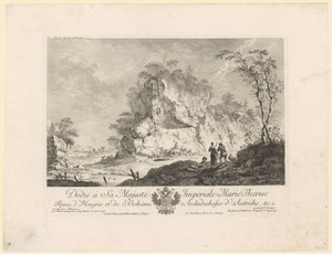 Landschap met rotsformatie en herders