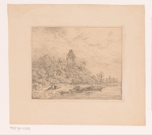 Landschap met ruïne aan het water