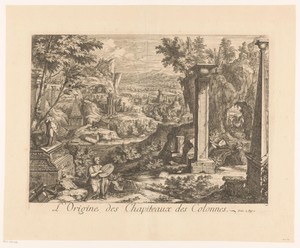 Landschap met ruïne en diverse bouwwerken op de achtergrond