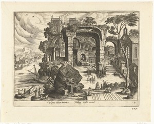 Landschap met ruïne en een vijver