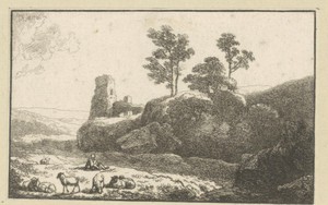 Landschap met ruïne en herder met kudde schapen