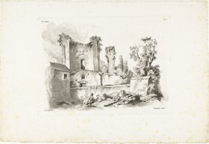 Landschap met ruïne en herderin met vee