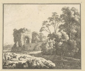 Landschap met ruïne en herders met schapen