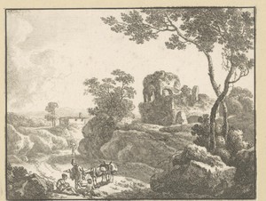 Landschap met ruïne en rustende reizigers bij hun ezels