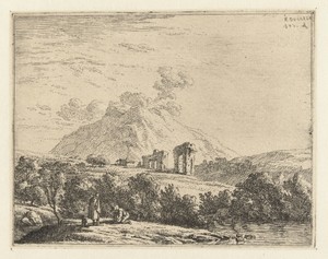 Landschap met ruïne en twee mannen met een hond