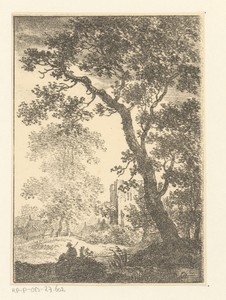 Landschap met ruïne en zittende figuur