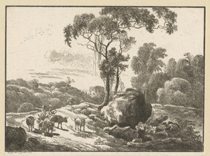 Landschap met ruïne met herders en runderen bij een boom met klimplanten en een kei