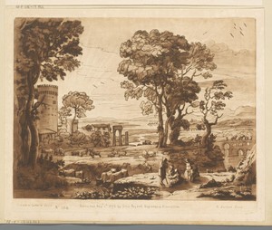 Landschap met ruïne, toren, stenen brug en musicerende herders