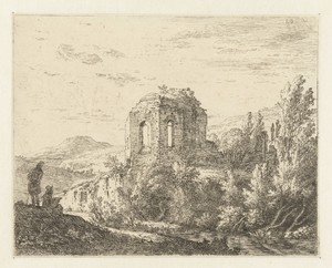 Landschap met ruïne van een tempel en twee tekenaars