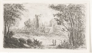 Landschap met ruïne van kasteel en twee figuren