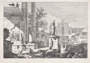 Landschap met ruïnes, een beeld en een kerk