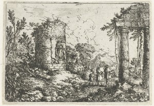 Landschap met ruïnes en drie pelgrims