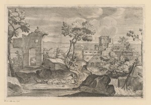 Landschap met ruïnes en een herder