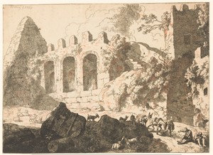 Landschap met ruïnes en een piramide