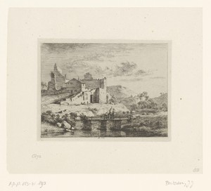 Landschap met ruïnes en figuren op een brug