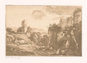 Landschap met ruïnes en herder met vee