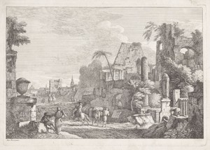 Landschap met ruïnes en reizigers