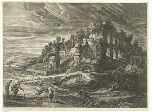 Landschap met ruïnes en vrouwen bij beek