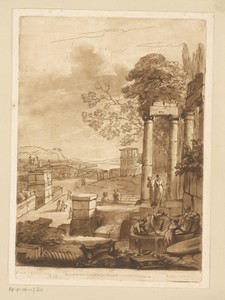 Landschap met ruïnes en vrouwen die een lichaam in een sarcofaag leggen
