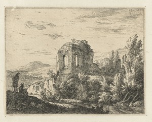 Landschap met ruïnes van een tempel en twee tekenaars