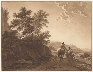 Landschap met ruiter die een aalmoes geeft aan een man met familie op een pad langs de kust