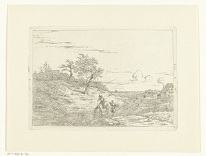 Landschap met ruiter die paard laat drinken en meisje met takkebos
