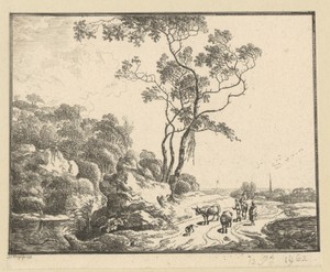 Landschap met ruiter en herder met twee runderen bij een boom met klimplanten aan het water