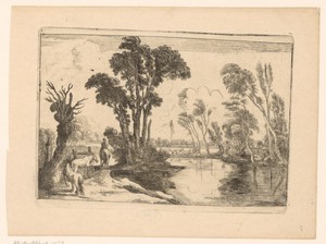 Landschap met ruiter en twee paarden die langs een meer lopen
