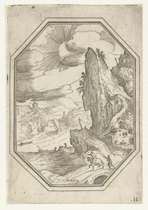 Landschap met ruiter in octagonaal kader