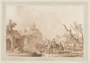 Landschap met ruiters bij een poort