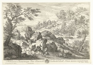 Landschap met ruiters bij rotspartij