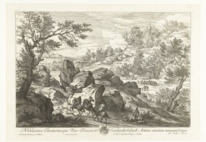 Landschap met ruiters bij rotspartij