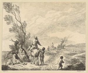 Landschap met ruiters en een rustende familie langs een pad
