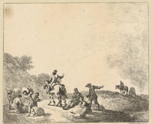 Landschap met ruiters en rustende en werkende arbeiders langs een pad