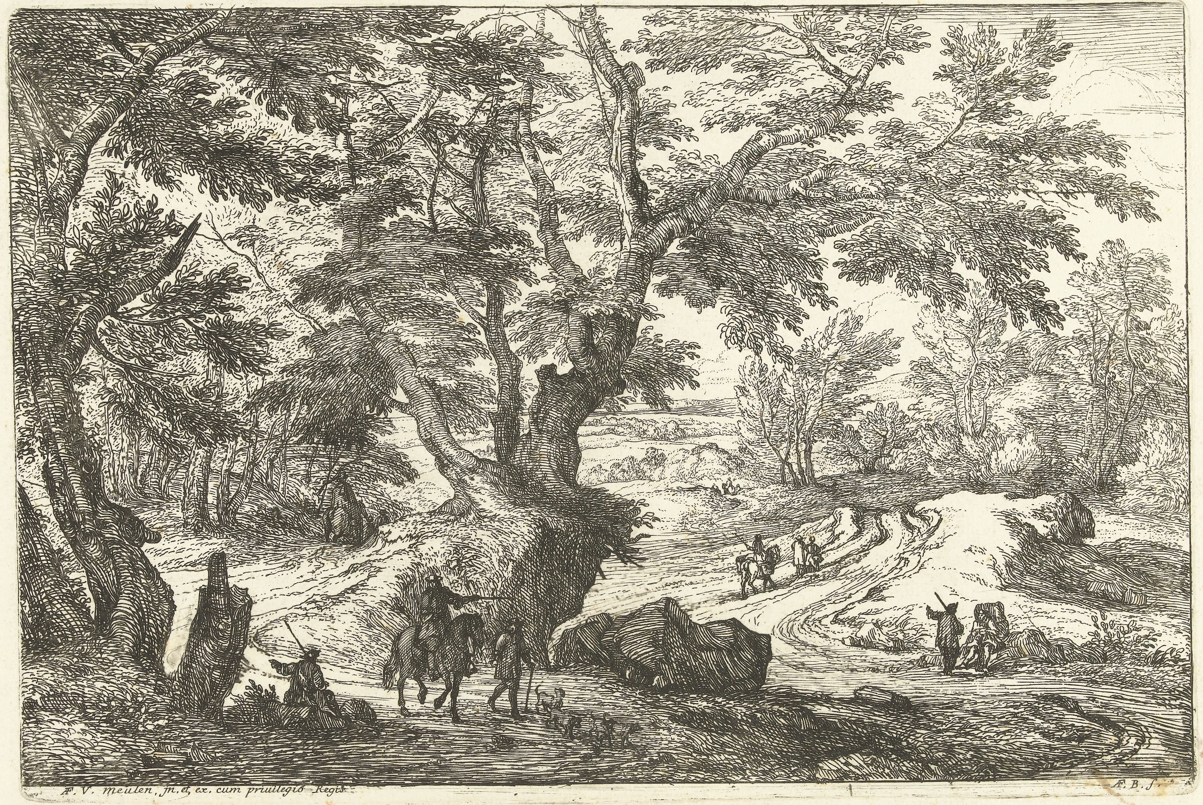 Landschap met ruiters en wandelaars op een weg by Adriaen Frans Boudewyns