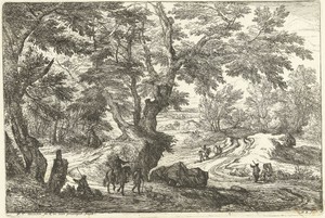 Landschap met ruiters en wandelaars op een weg