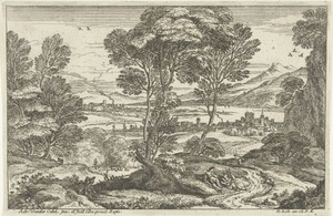 Landschap met rustend stel langs pad