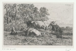Landschap met rustende boerin naast vier koeien