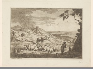 Landschap met rustende buffels en herders