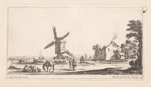 Landschap met rustende figuren aan een molen