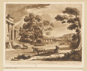 Landschap met rustende herder en vier koeien die een rivier oversteken