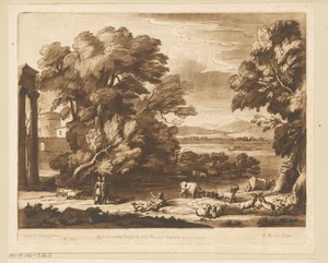 Landschap met rustende herder, twee herderinnen en vee aan de waterkant