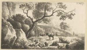 Landschap met rustende herders en kudde runderen en schapen