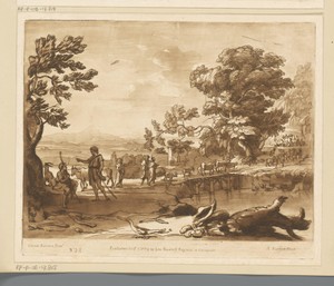 Landschap met rustende herders en vee lopend over een houten brug