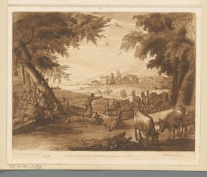 Landschap met rustende herders onder een boom en veedrijver