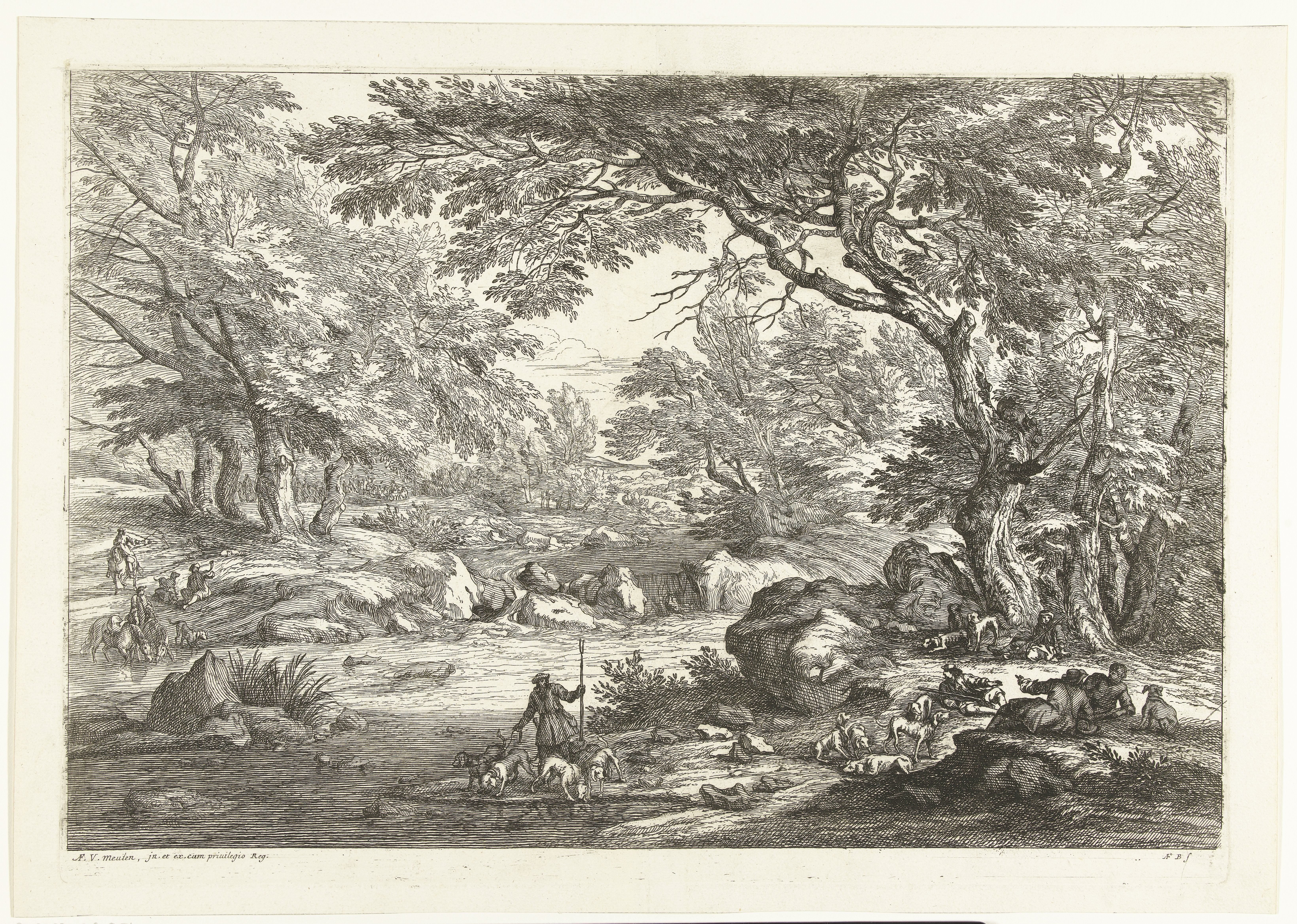 Landschap met rustende jagers by Adriaen Frans Boudewyns