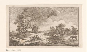 Landschap met rustende jagers en koeien