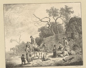 Landschap met rustende mensen en man te paard voor een huis