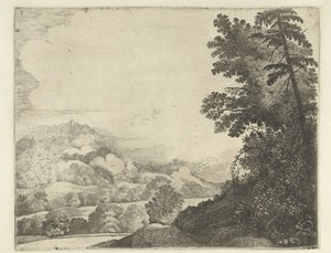 Landschap met schaap op heuvel en bomen