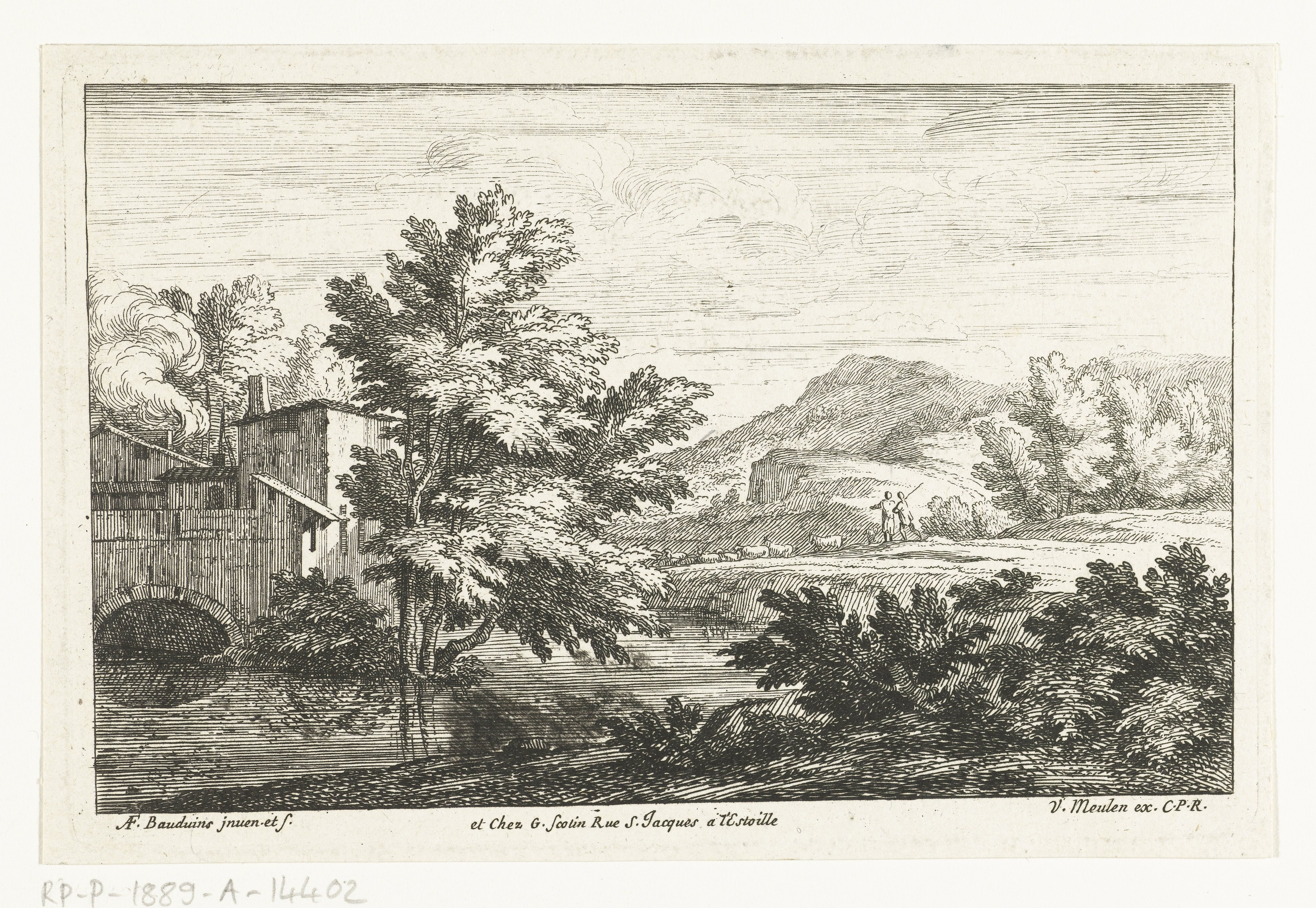 Landschap met schaapherders bij een watermolen by Adriaen Frans Boudewyns
